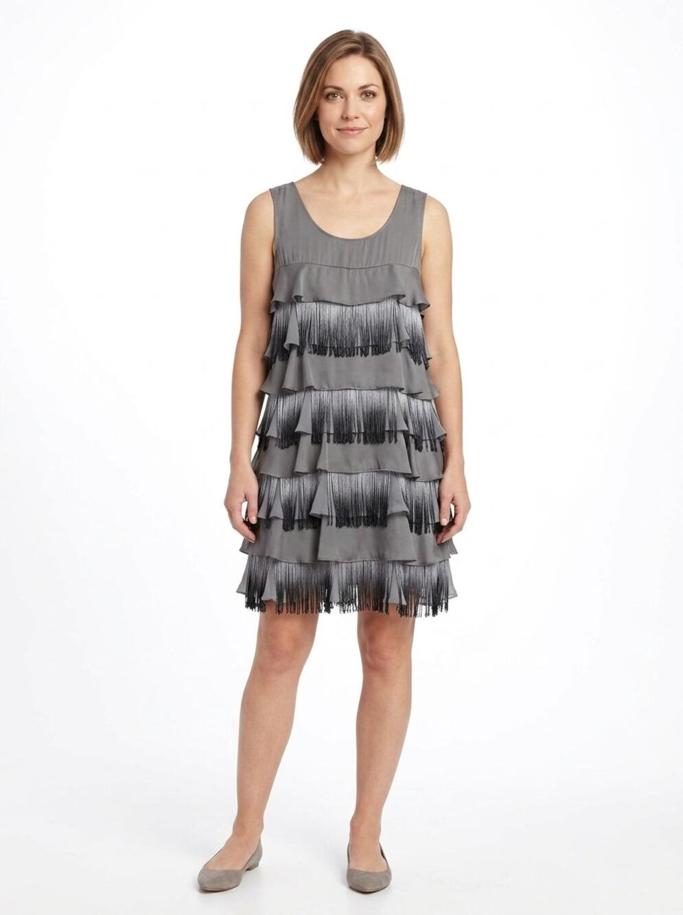 Romeo & Juliet Couture Gray Tiered Ruffle Fringe Dress Women Size L